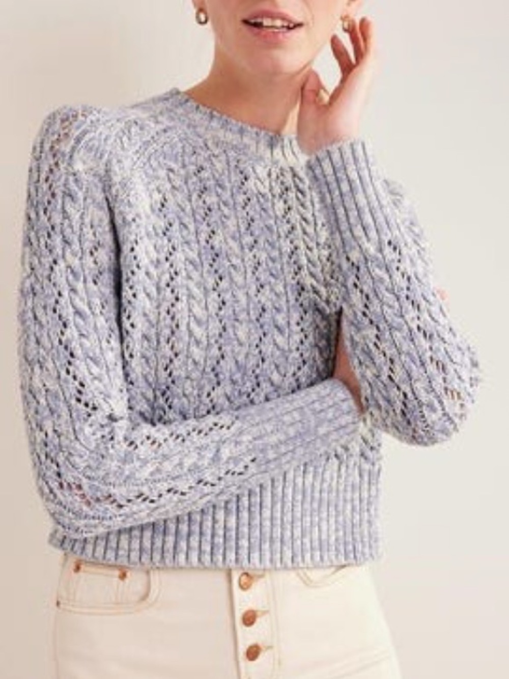 Boden Light Lavender Marled Cable Knit Crew Sweater